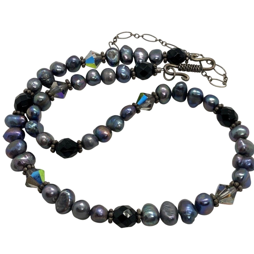 Vintage Blue 8mm Pearl & Bead Strand 16-19'' Necklace Sterling 925 Silver 31g